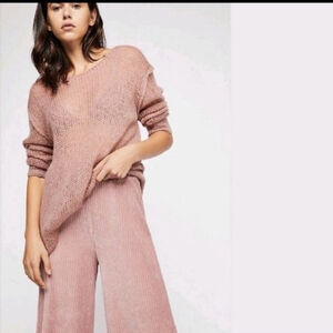 Women's Free People Soft Pink Boho Revival Ribbed Wide Leg Pallazo Pants S